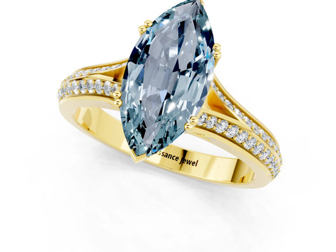 Yellow gold Marquise Cut Aquamarine Split Shank Engagement Ring with Pavé Band_1