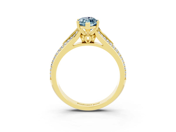 Yellow gold Marquise Cut Aquamarine Split Shank Engagement Ring with Pavé Band