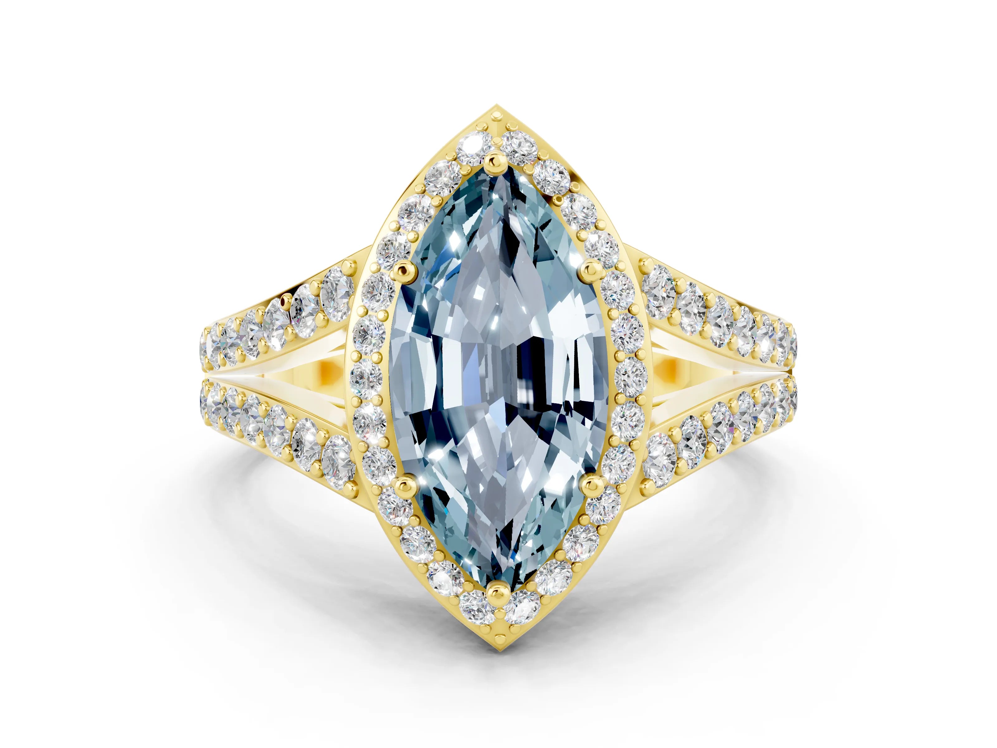 Yellow gold Marquise Cut Aquamarine Split Shank Halo Ring with Four-Prong Setting_12