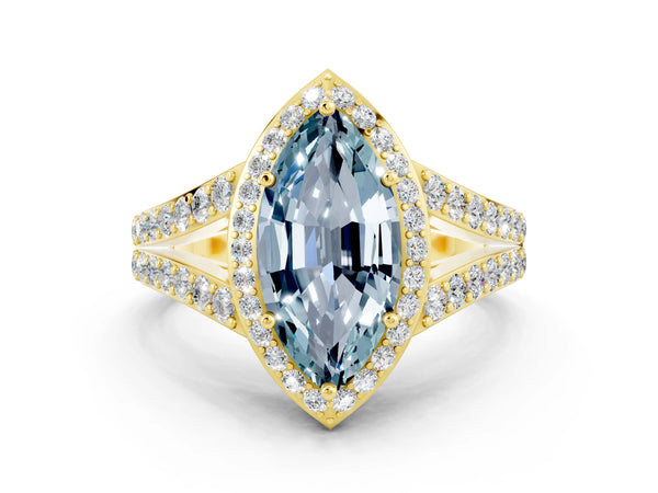 Yellow gold Marquise Cut Aquamarine Split Shank Halo Ring with Four-Prong Setting