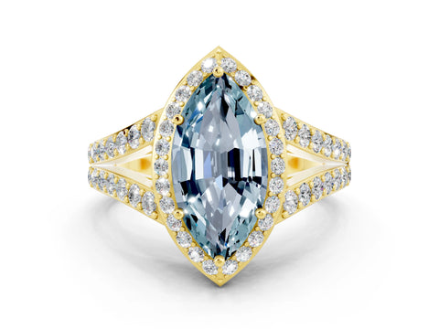Yellow gold Marquise Cut Aquamarine Split Shank Halo Ring with Four-Prong Setting_12
