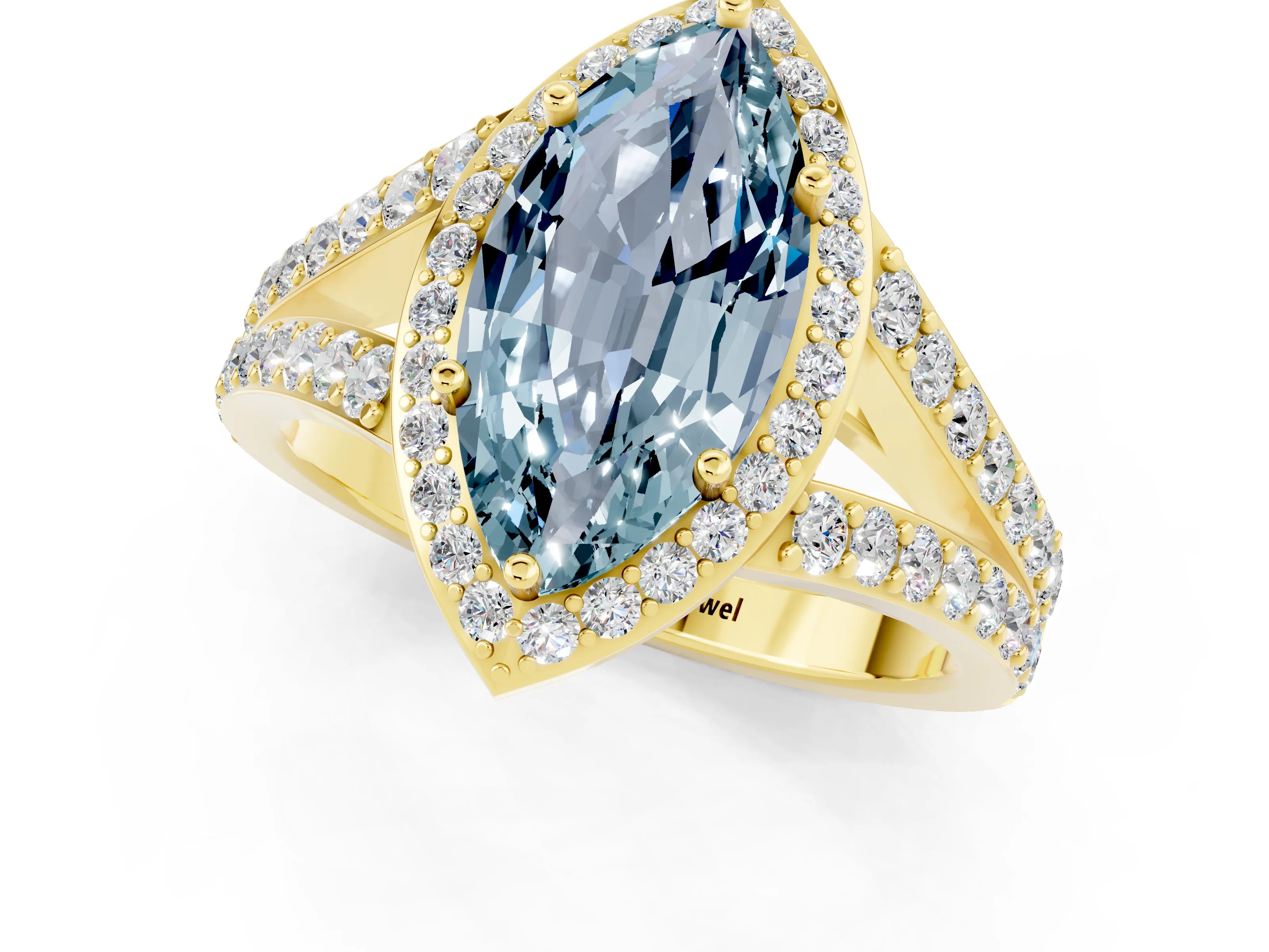 Yellow gold Marquise Cut Aquamarine Split Shank Halo Ring with Four-Prong Setting_13