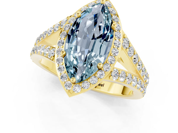 Yellow gold Marquise Cut Aquamarine Split Shank Halo Ring with Four-Prong Setting
