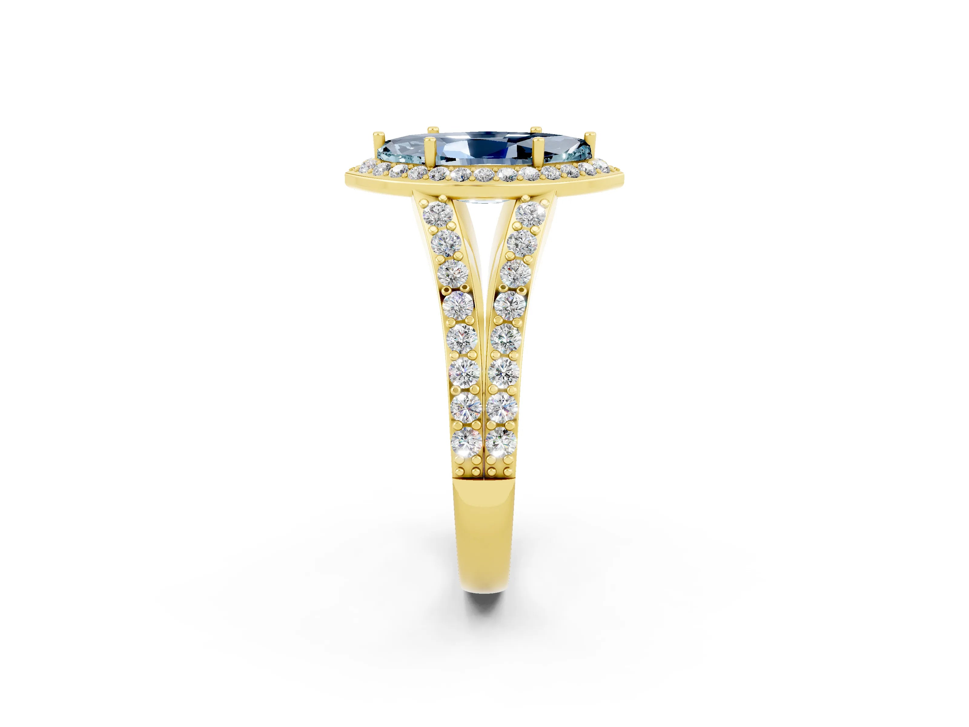Yellow gold Marquise Cut Aquamarine Split Shank Halo Ring with Four-Prong Setting_14
