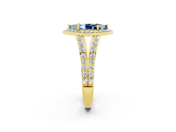 Yellow gold Marquise Cut Aquamarine Split Shank Halo Ring with Four-Prong Setting