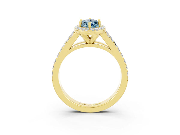 Yellow gold Marquise Cut Aquamarine Split Shank Halo Ring with Four-Prong Setting