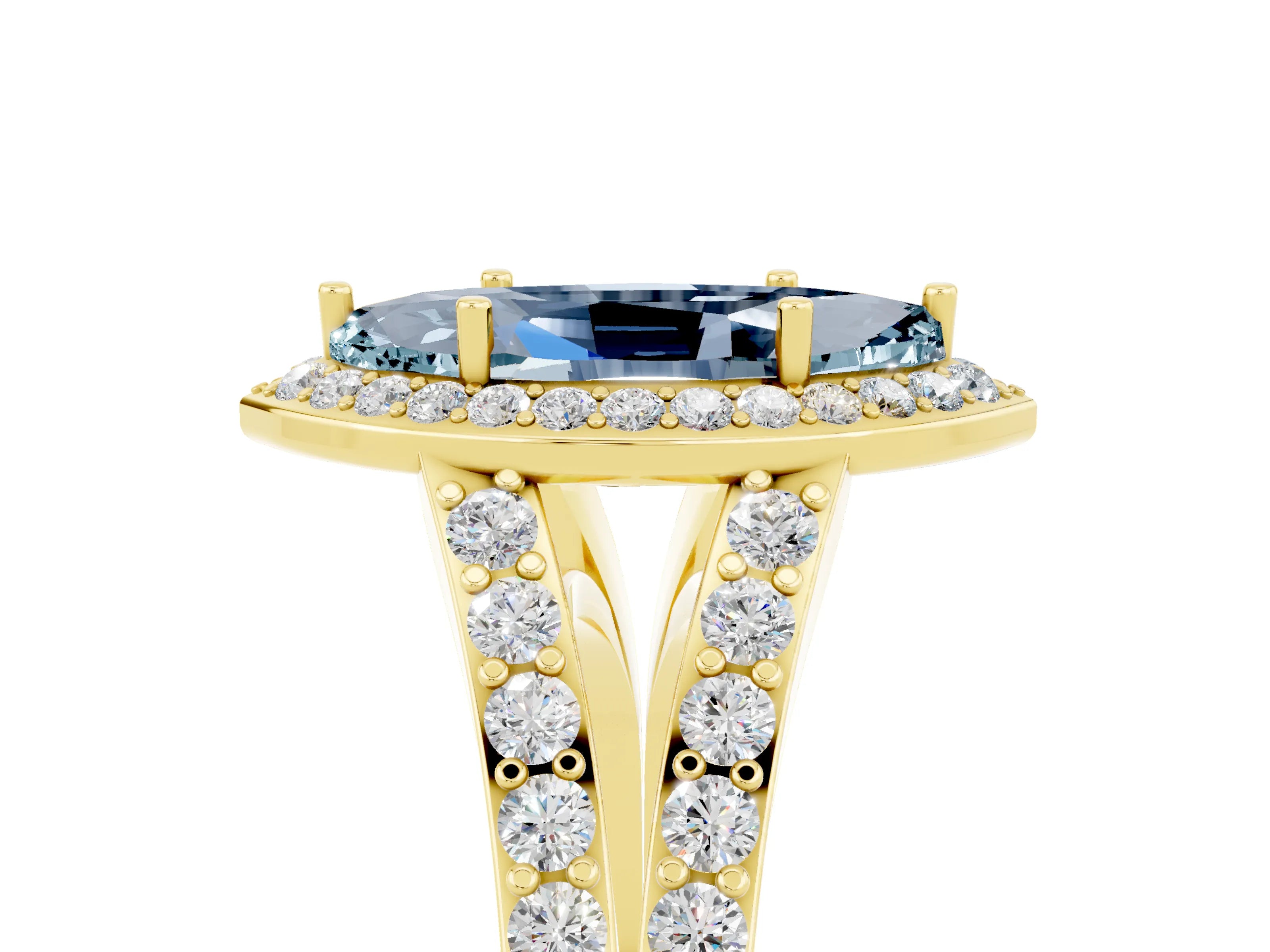 Yellow gold Marquise Cut Aquamarine Split Shank Halo Ring with Four-Prong Setting_17