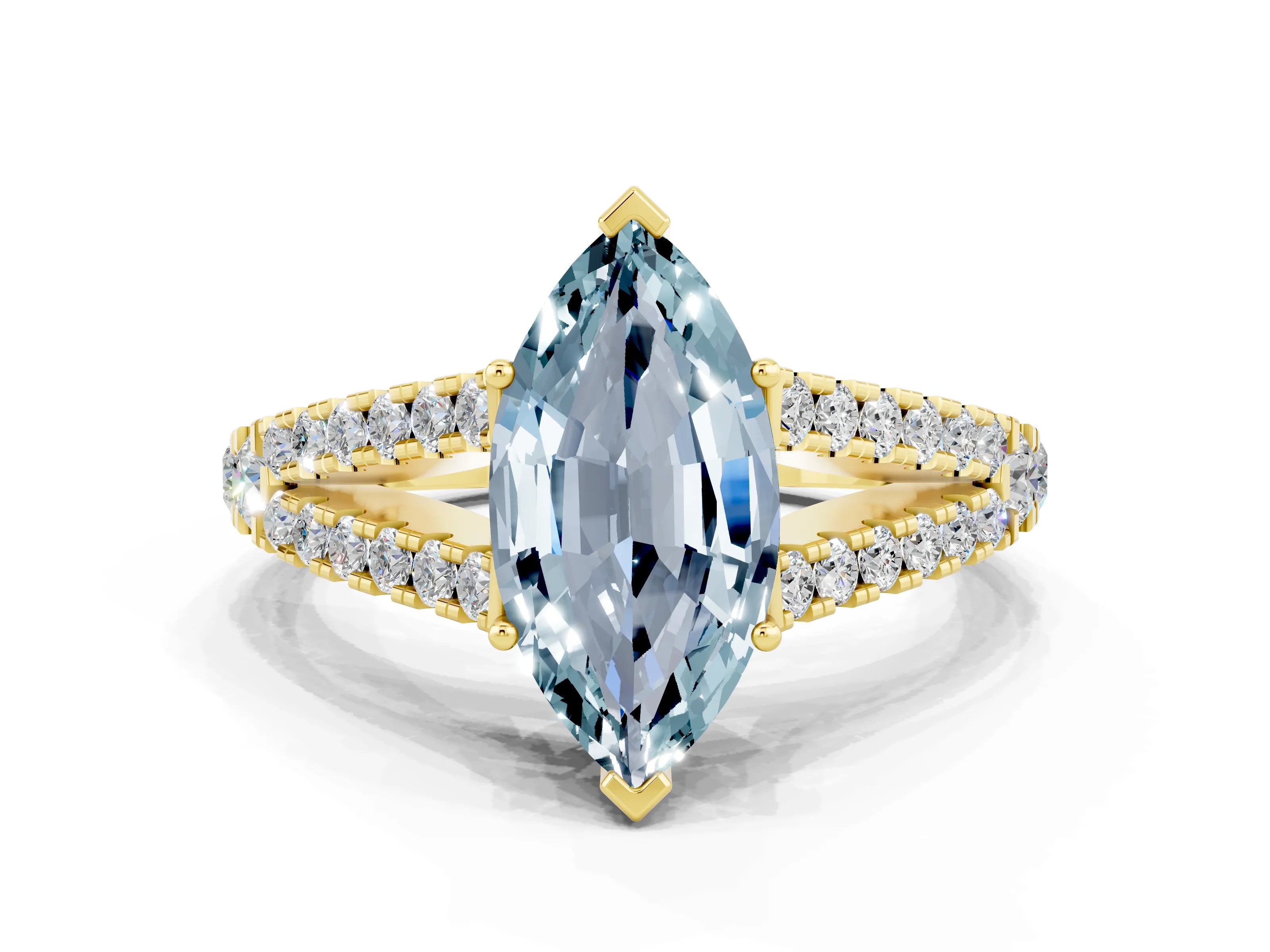 Yellow gold Marquise Cut Aquamarine Split Shank Pavé Engagement Ring with Four-Prong Setting_12