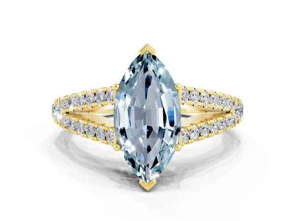 Yellow gold Marquise Cut Aquamarine Split Shank Pavé Engagement Ring with Four-Prong Setting