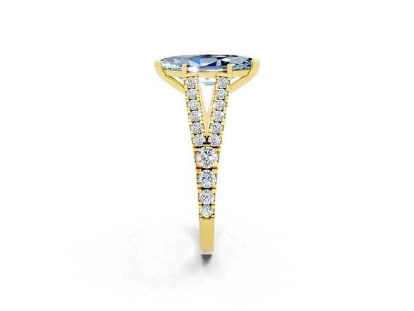Yellow gold Marquise Cut Aquamarine Split Shank Pavé Engagement Ring with Four-Prong Setting