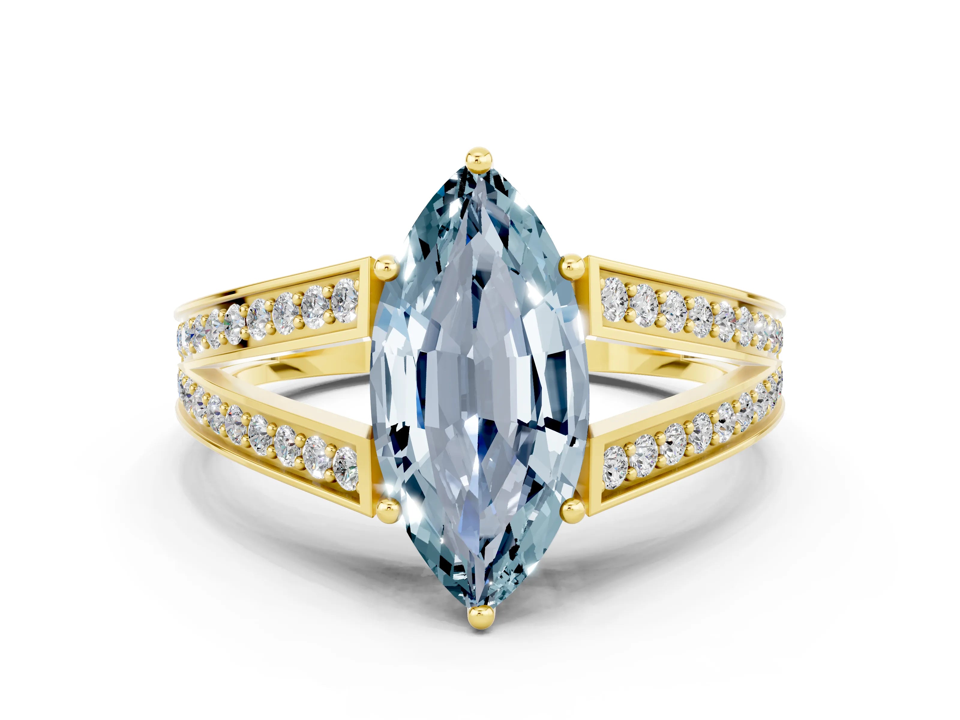 Yellow gold Marquise Cut Aquamarine Split Shank Ring with Pavé Band and Four-Prong Setting