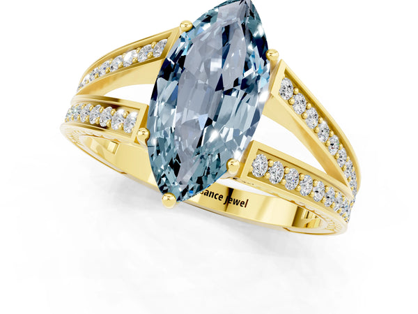 Yellow gold Marquise Cut Aquamarine Split Shank Ring with Pavé Band and Four-Prong Setting