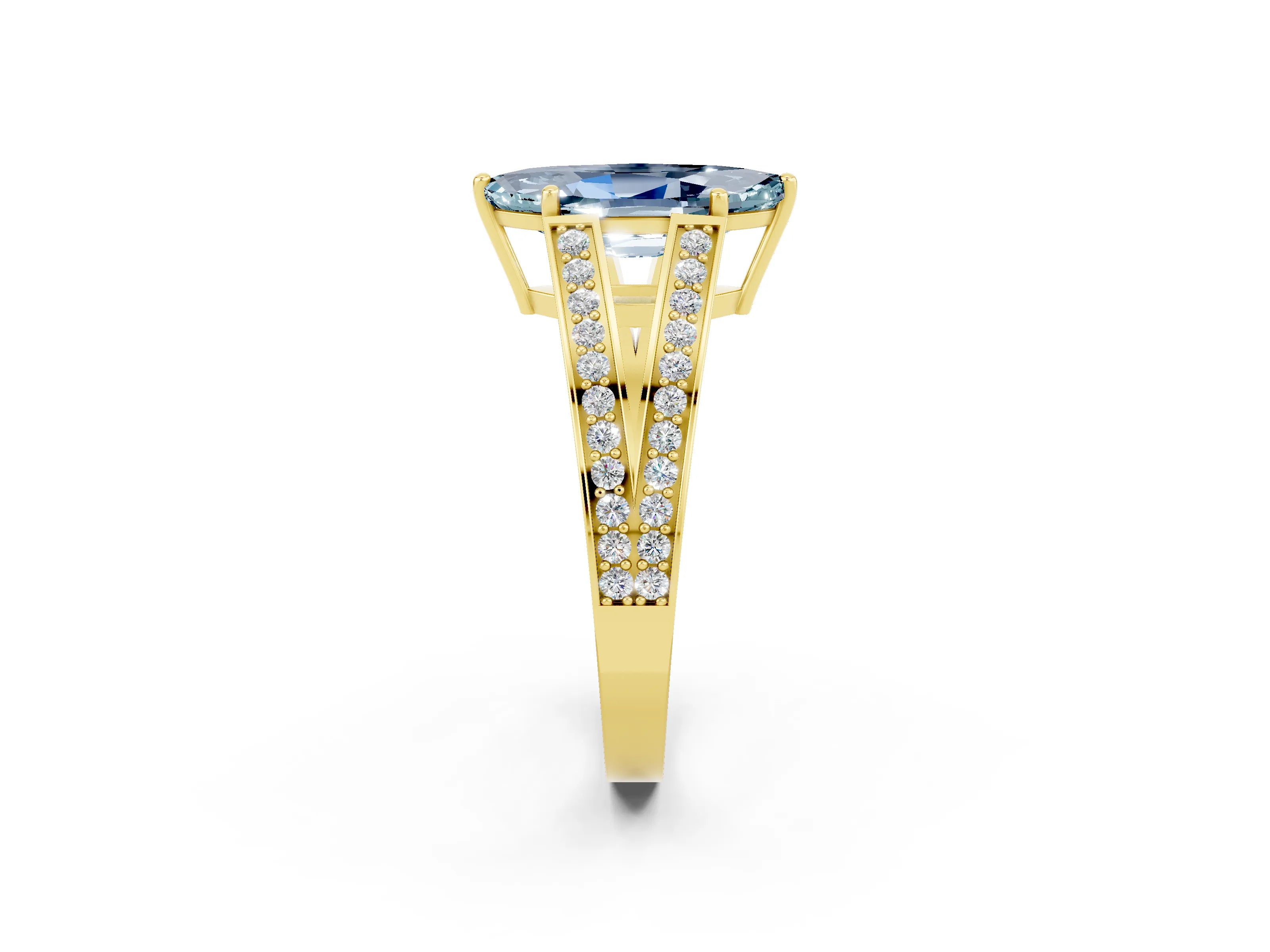 Yellow gold Marquise Cut Aquamarine Split Shank Ring with Pavé Band and Four-Prong Setting_2