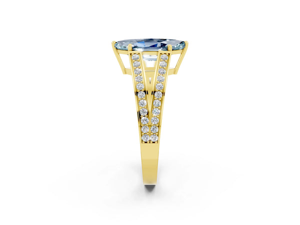 Yellow gold Marquise Cut Aquamarine Split Shank Ring with Pavé Band and Four-Prong Setting