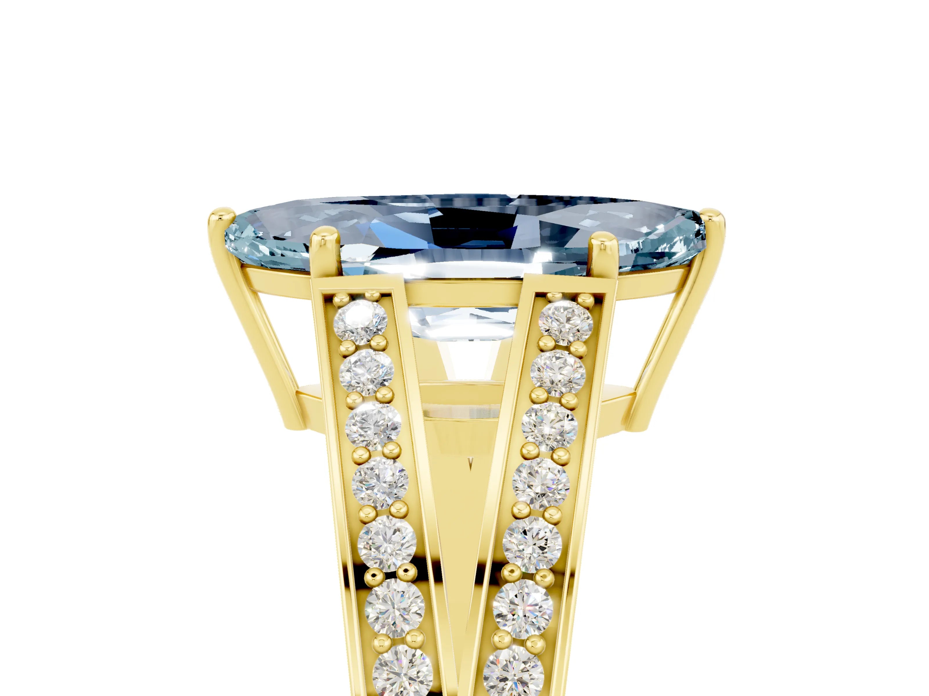 Yellow gold Marquise Cut Aquamarine Split Shank Ring with Pavé Band and Four-Prong Setting_5