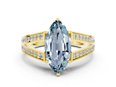 Yellow gold Marquise Cut Aquamarine Split Shank Ring with Pavé Band and Four-Prong Setting
