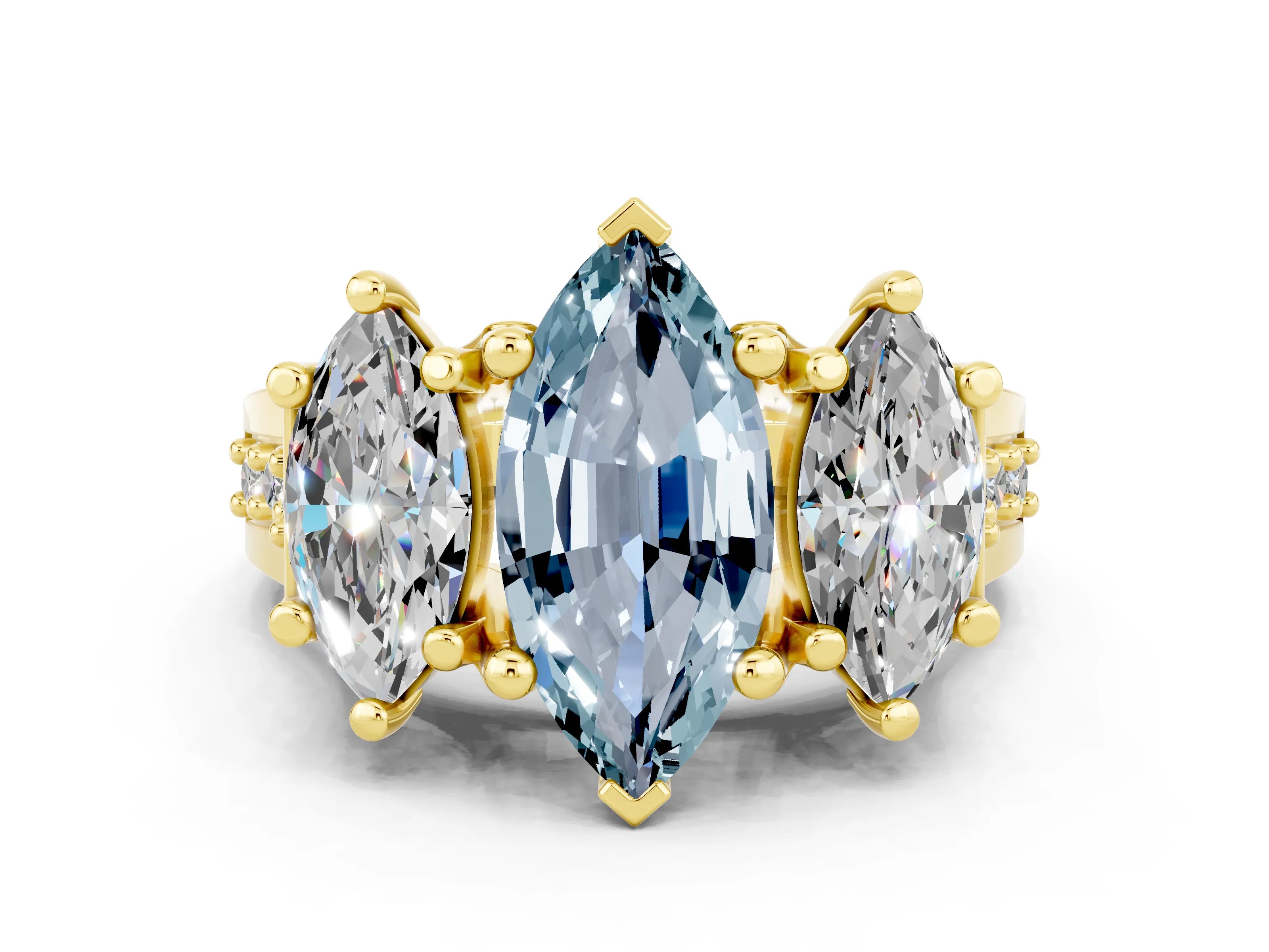 Yellow gold Marquise Cut Aquamarine Three-Stone Ring with Channel Set Band and Four-Prong Setting