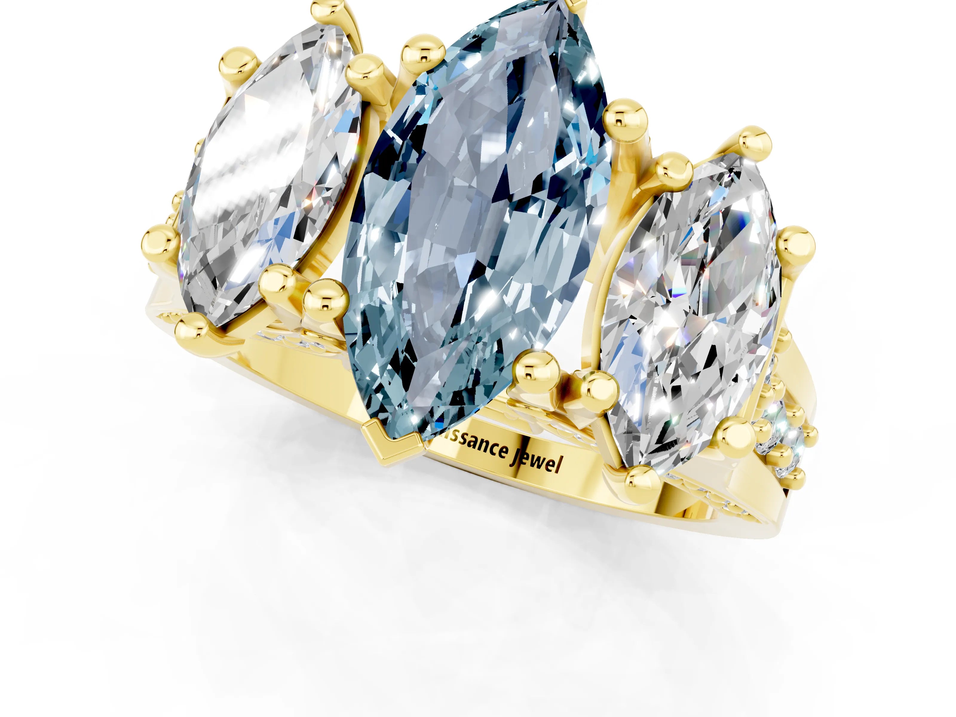 Yellow gold Marquise Cut Aquamarine Three-Stone Ring with Channel Set Band and Four-Prong Setting_1