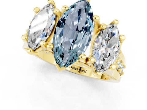 Yellow gold Marquise Cut Aquamarine Three-Stone Ring with Channel Set Band and Four-Prong Setting_1