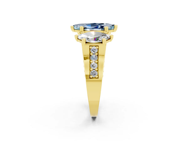 Yellow gold Marquise Cut Aquamarine Three-Stone Ring with Channel Set Band and Four-Prong Setting