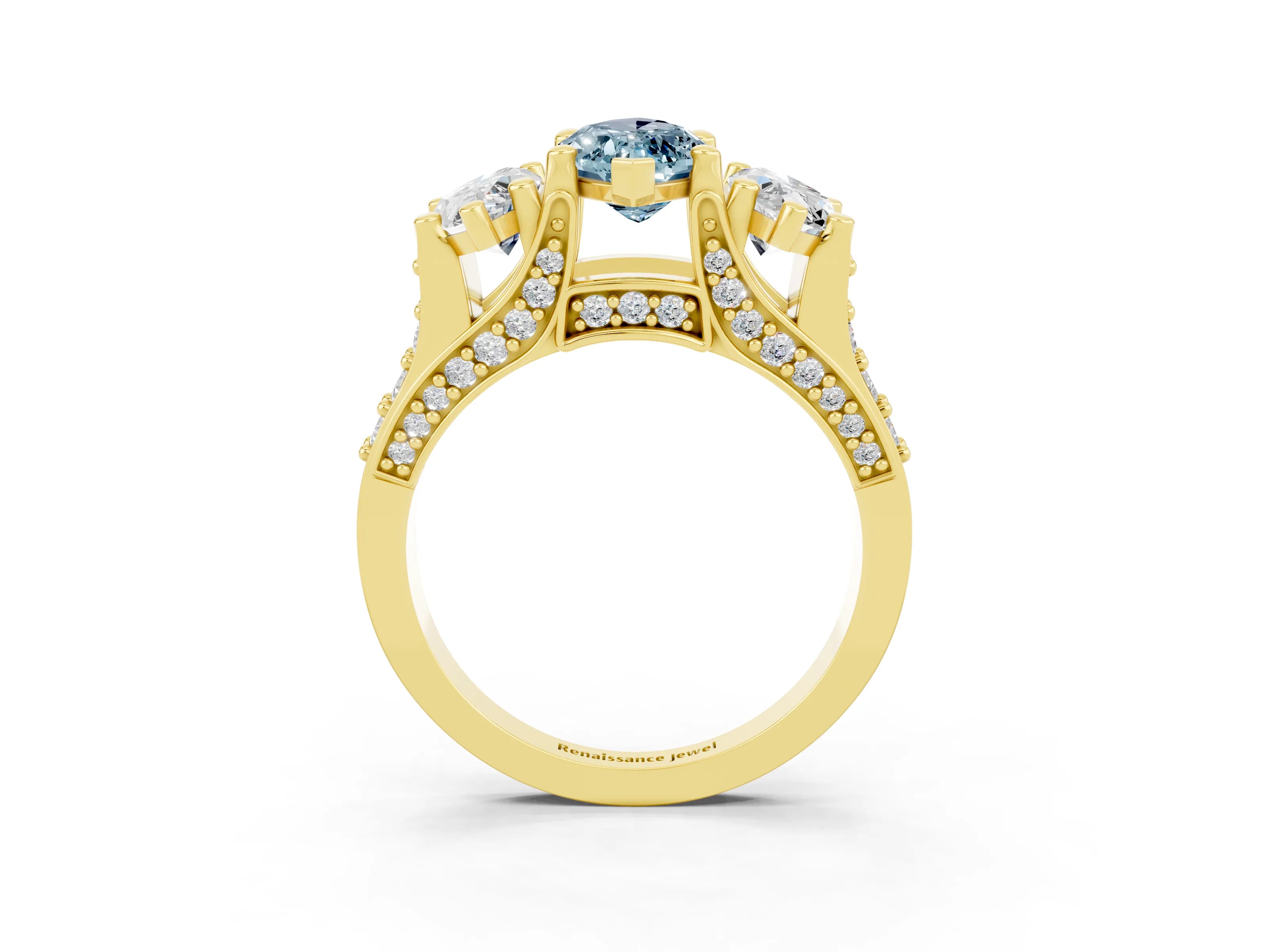 Yellow gold Marquise Cut Aquamarine Three-Stone Ring with Channel Set Band and Four-Prong Setting_3