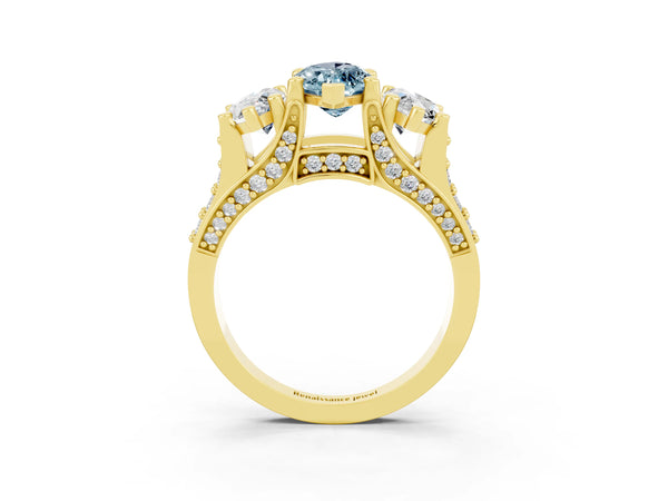 Yellow gold Marquise Cut Aquamarine Three-Stone Ring with Channel Set Band and Four-Prong Setting