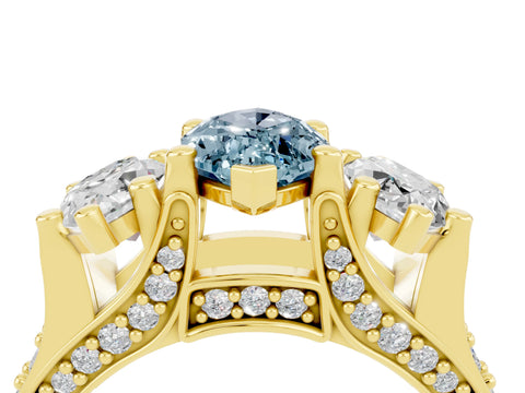 Yellow gold Marquise Cut Aquamarine Three-Stone Ring with Channel Set Band and Four-Prong Setting_4