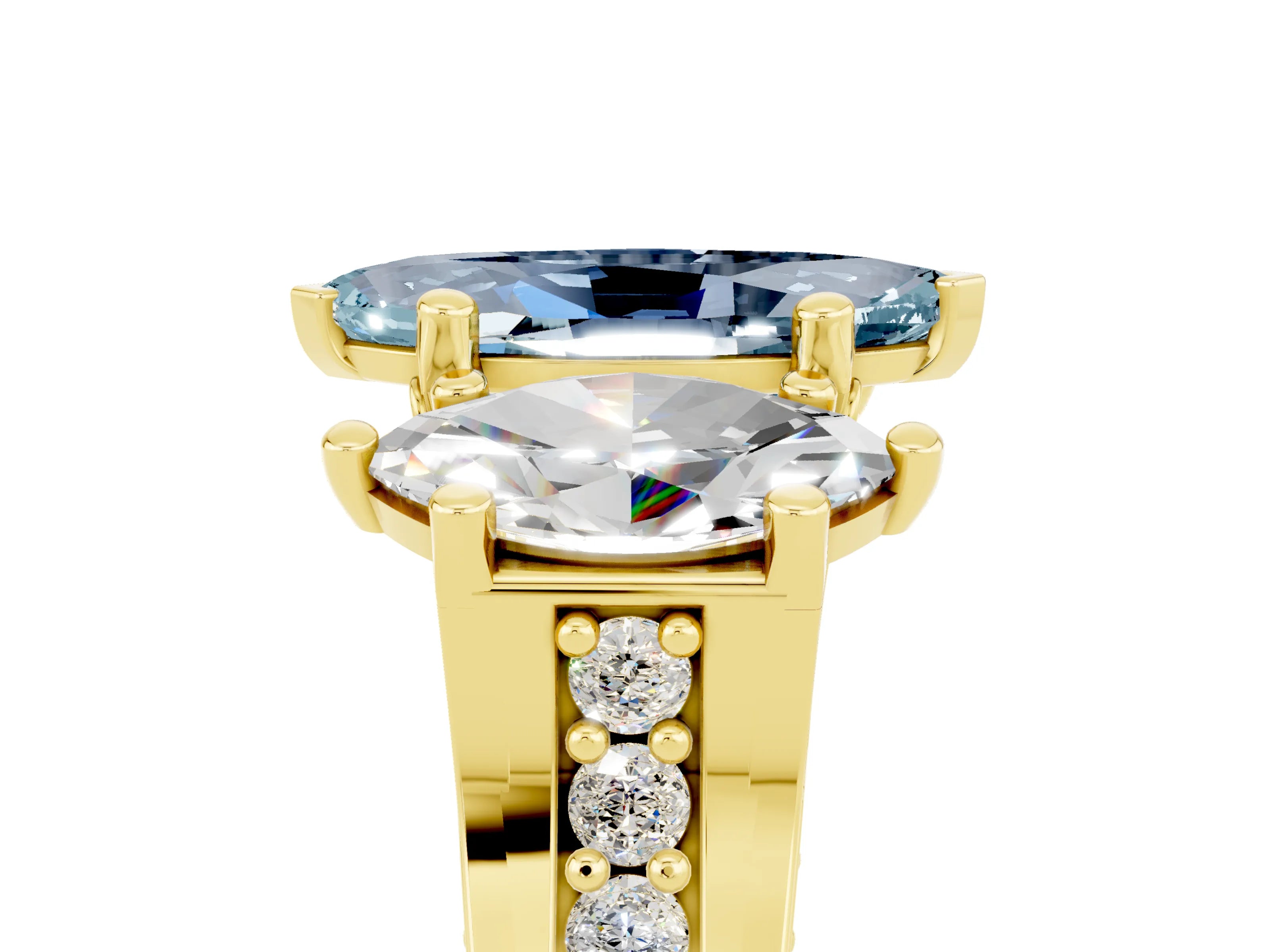 Yellow gold Marquise Cut Aquamarine Three-Stone Ring with Channel Set Band and Four-Prong Setting_5