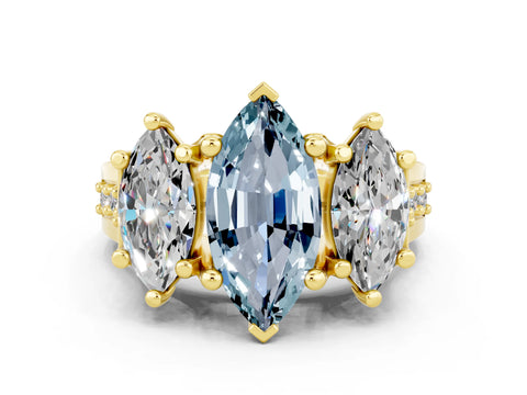 Yellow gold Marquise Cut Aquamarine Three-Stone Ring with Channel Set Band and Four-Prong Setting