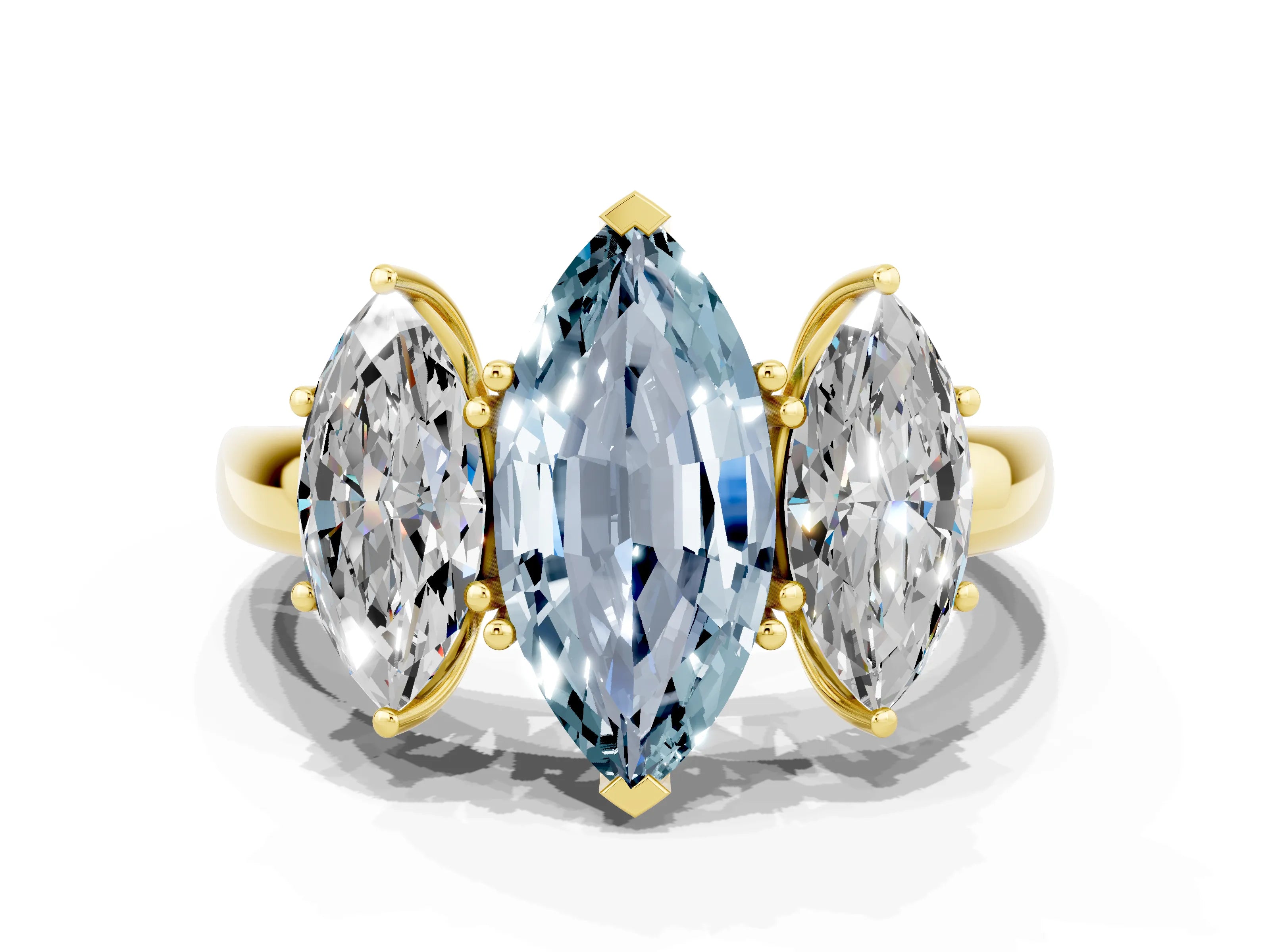 Yellow gold Marquise Cut Aquamarine Three-Stone Ring with Four-Prong Setting and Classic Band