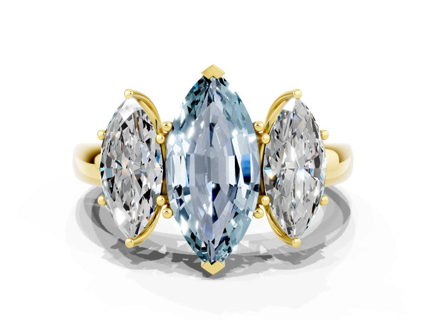 Yellow gold Marquise Cut Aquamarine Three-Stone Ring with Four-Prong Setting and Classic Band