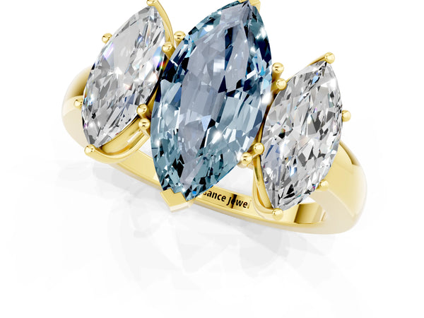 Yellow gold Marquise Cut Aquamarine Three-Stone Ring with Four-Prong Setting and Classic Band