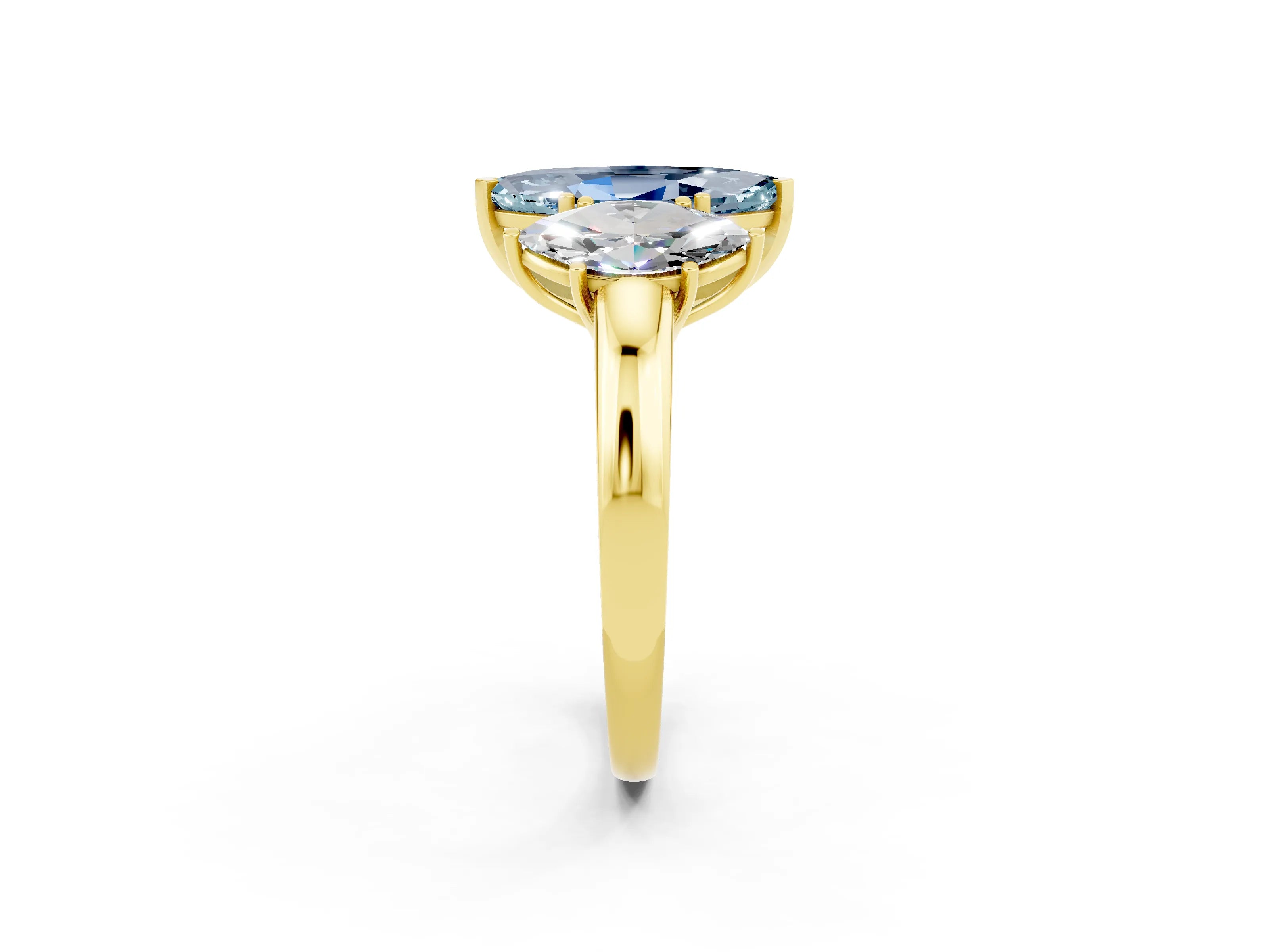 Yellow gold Marquise Cut Aquamarine Three-Stone Ring with Four-Prong Setting and Classic Band_2