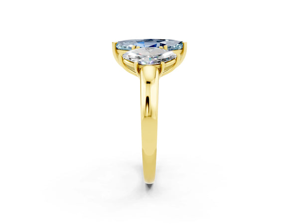 Yellow gold Marquise Cut Aquamarine Three-Stone Ring with Four-Prong Setting and Classic Band