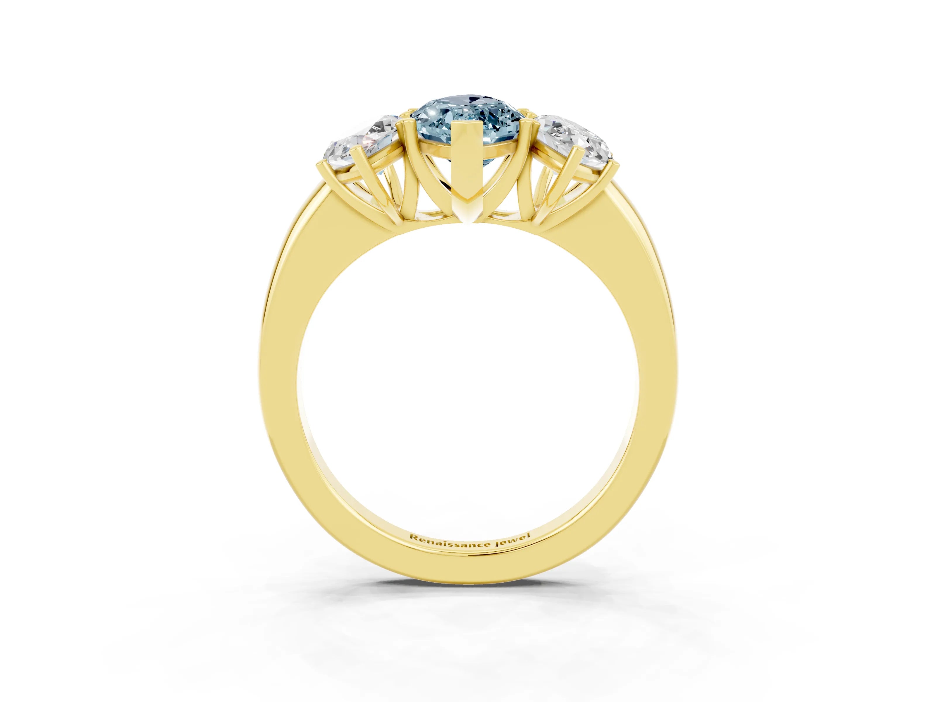 Yellow gold Marquise Cut Aquamarine Three-Stone Ring with Four-Prong Setting and Classic Band_3