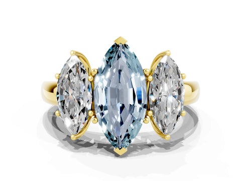 Yellow gold Marquise Cut Aquamarine Three-Stone Ring with Four-Prong Setting and Classic Band