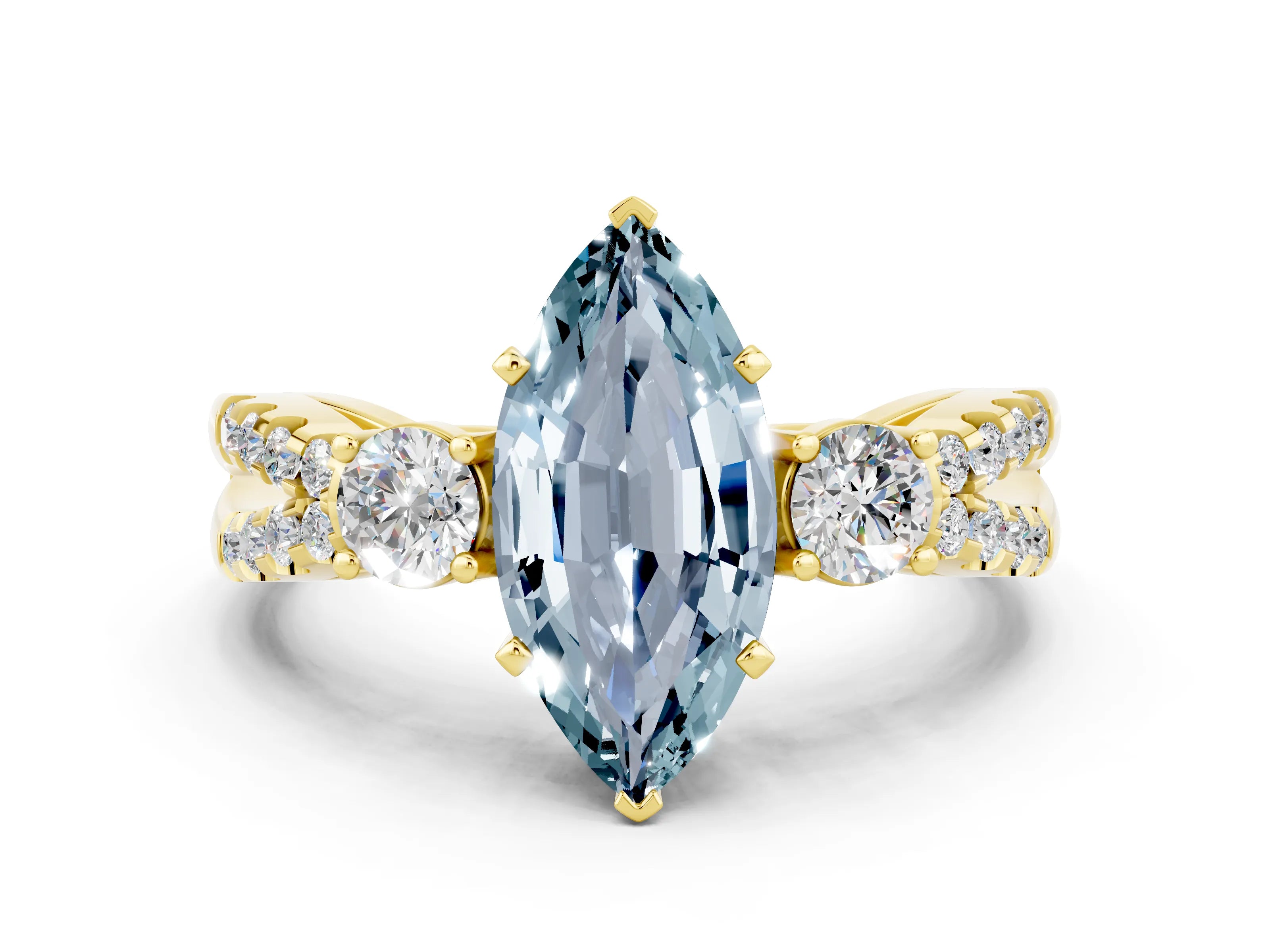 Yellow gold Marquise Cut Aquamarine Three-Stone Ring with Pavé Split Shank and Four-Prong Setting_12