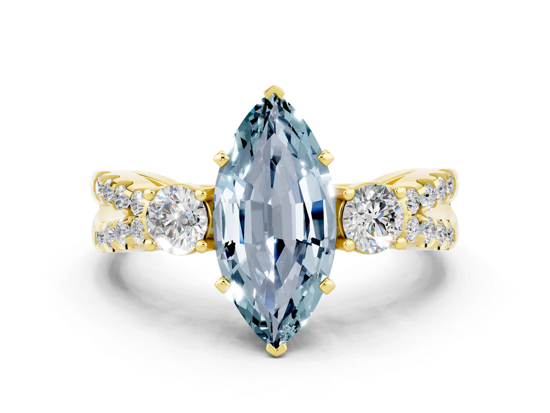 Yellow gold Marquise Cut Aquamarine Three-Stone Ring with Pavé Split Shank and Four-Prong Setting_12