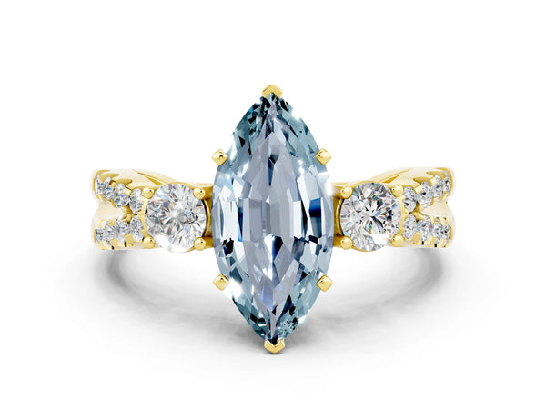 Yellow gold Marquise Cut Aquamarine Three-Stone Ring with Pavé Split Shank and Four-Prong Setting