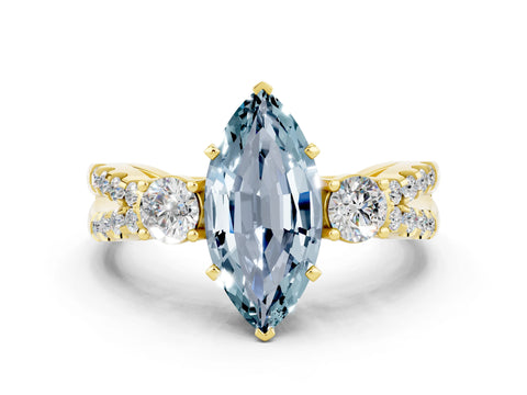 Yellow gold Marquise Cut Aquamarine Three-Stone Ring with Pavé Split Shank and Four-Prong Setting_12