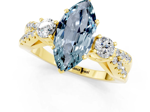 Yellow gold Marquise Cut Aquamarine Three-Stone Ring with Pavé Split Shank and Four-Prong Setting