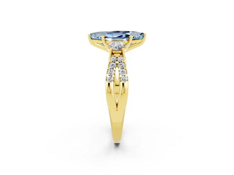 Yellow gold Marquise Cut Aquamarine Three-Stone Ring with Pavé Split Shank and Four-Prong Setting_14