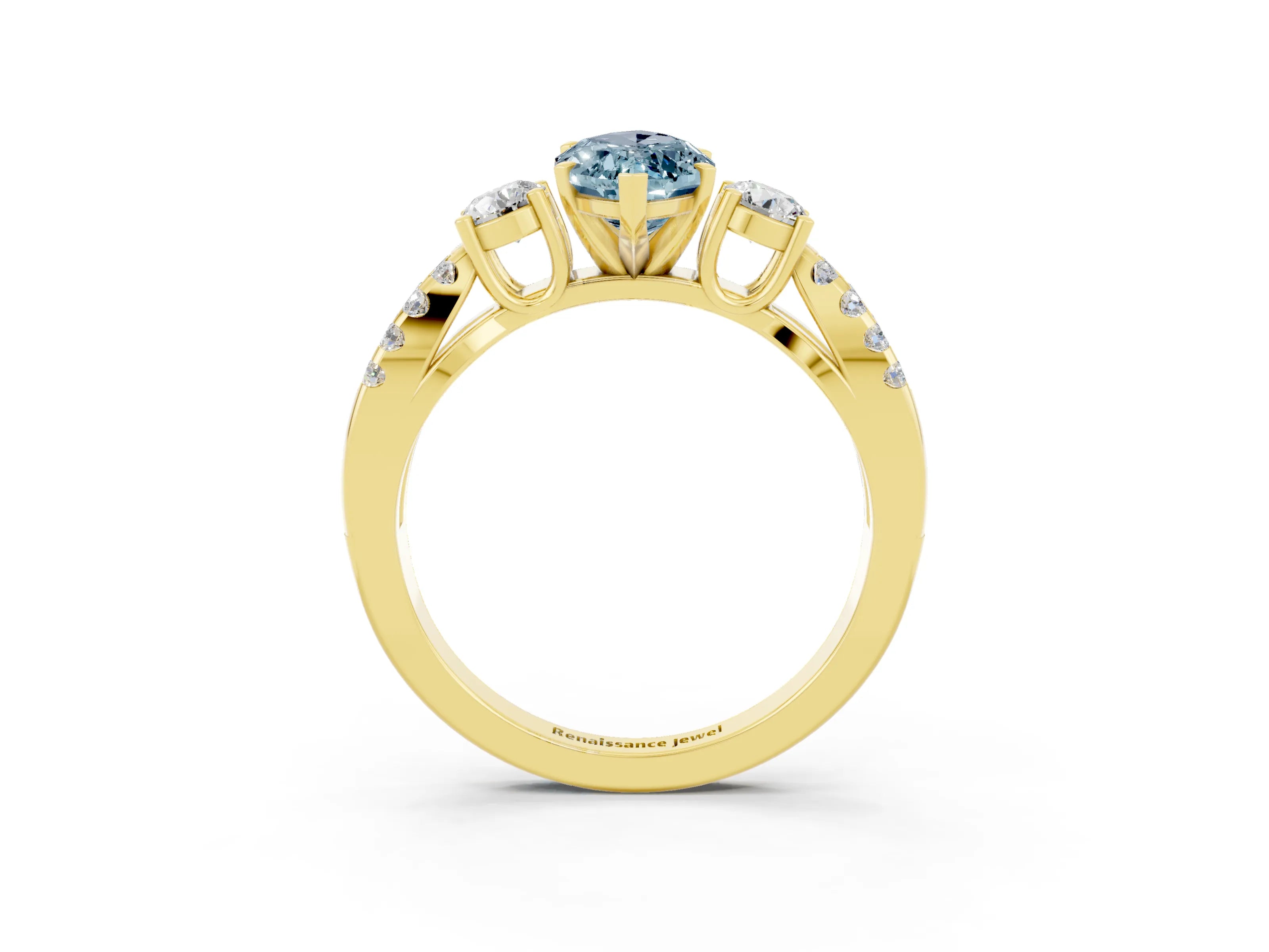 Yellow gold Marquise Cut Aquamarine Three-Stone Ring with Pavé Split Shank and Four-Prong Setting_15