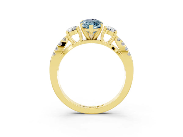 Yellow gold Marquise Cut Aquamarine Three-Stone Ring with Pavé Split Shank and Four-Prong Setting