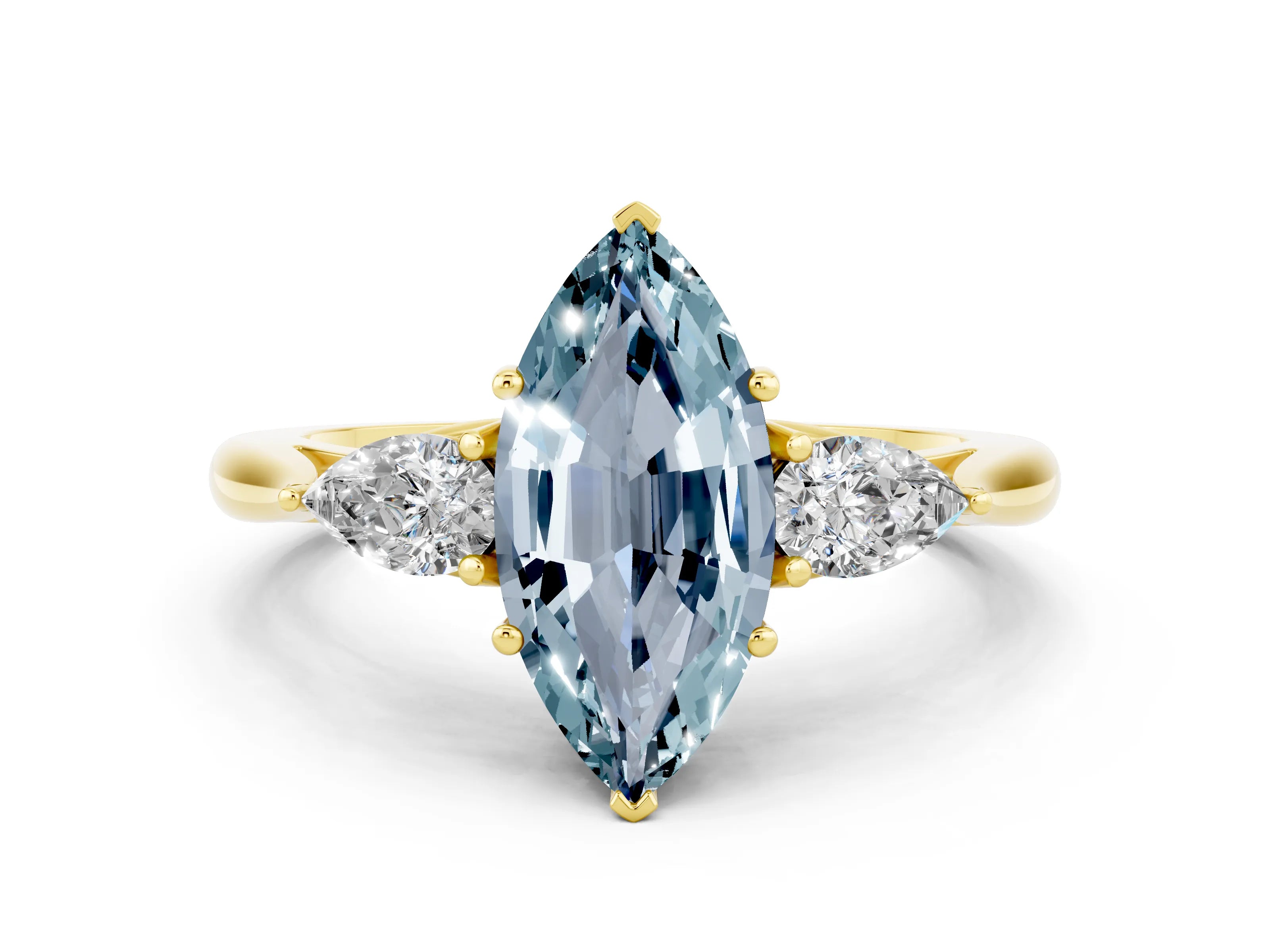 Yellow gold Marquise Cut Aquamarine Three-Stone Ring with Pear Side Stones and Four-Prong Setting_12