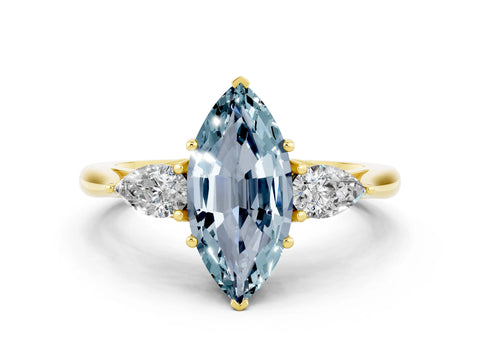 Yellow gold Marquise Cut Aquamarine Three-Stone Ring with Pear Side Stones and Four-Prong Setting_12