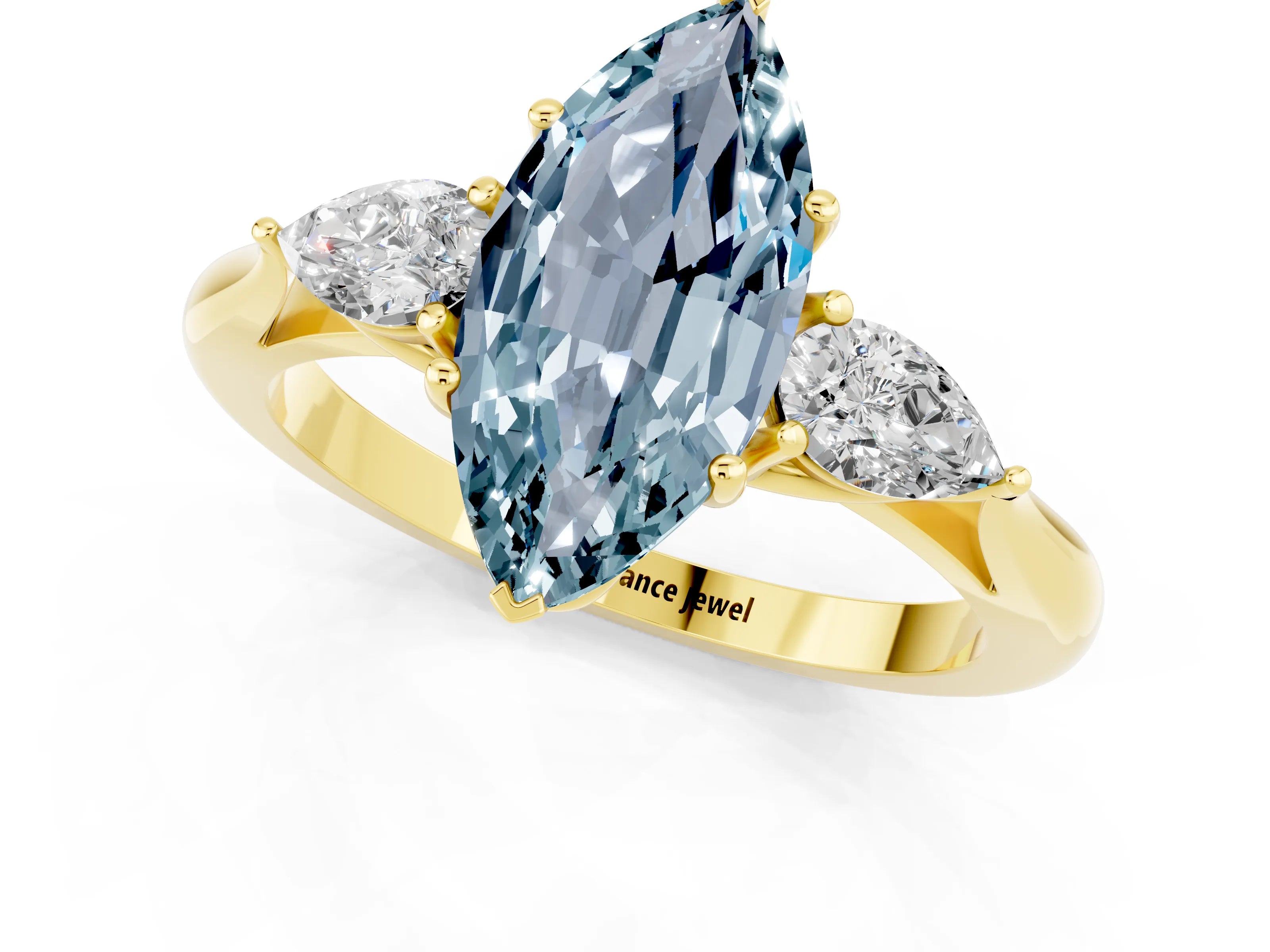 Yellow gold Marquise Cut Aquamarine Three-Stone Ring with Pear Side Stones and Four-Prong Setting_13