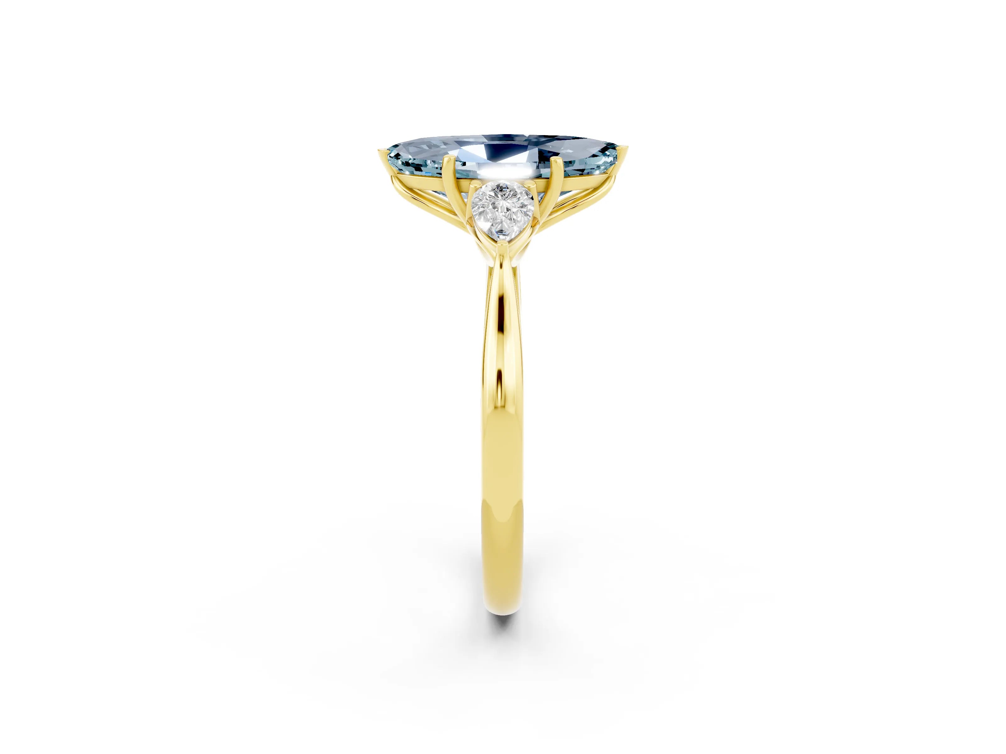 Yellow gold Marquise Cut Aquamarine Three-Stone Ring with Pear Side Stones and Four-Prong Setting_14