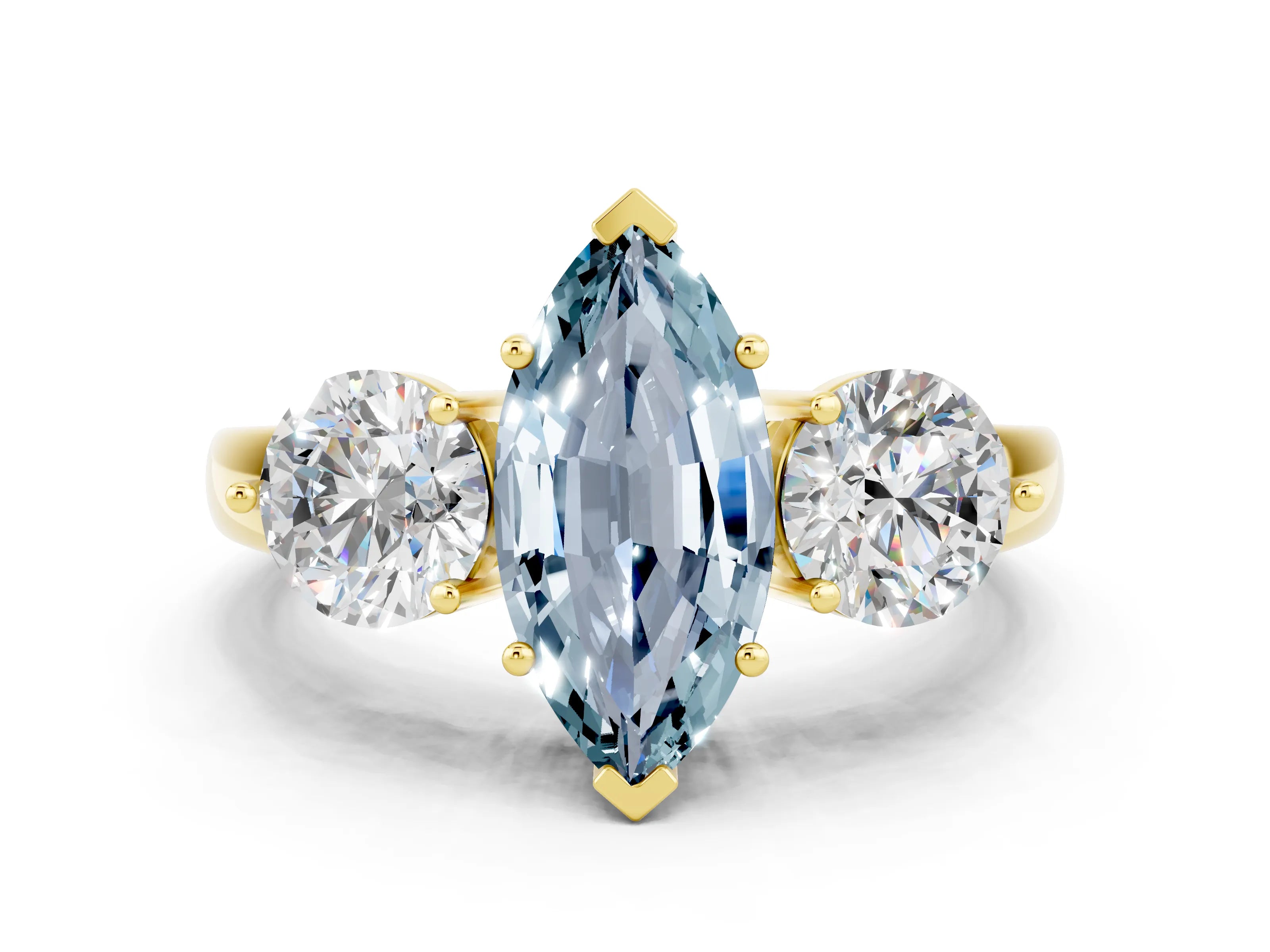 Yellow gold Marquise Cut Aquamarine Three-Stone Ring with Prong Setting and Classic Band
