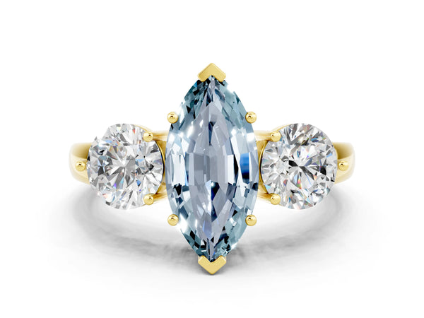 Yellow gold Marquise Cut Aquamarine Three-Stone Ring with Prong Setting and Classic Band